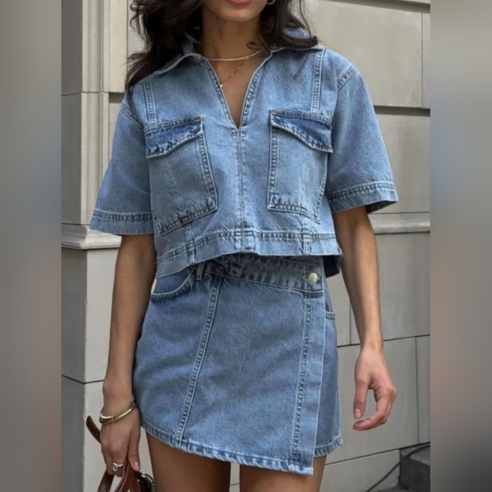 Johnny Collar Short Sleeve Top and Skort Denim Set